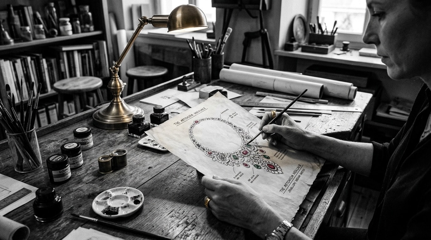 Fine jewellery designer sketching haute joaillerie blueprints in the atelier