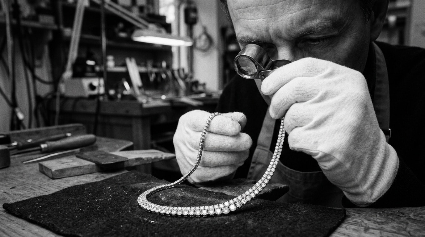 Master jeweler inspecting diamonds on a finished necklace